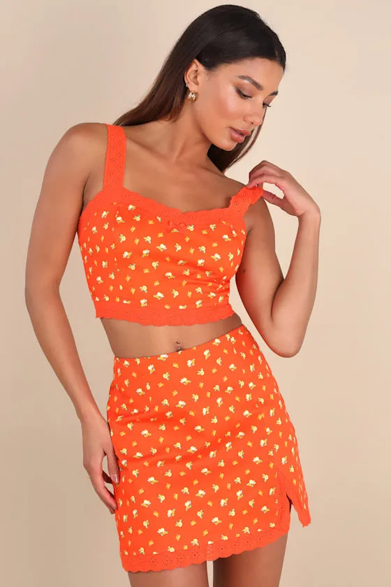 Emanita Red Orange Ditsy Floral Two-Piece Bodycon Mini Dress sold by Lulus