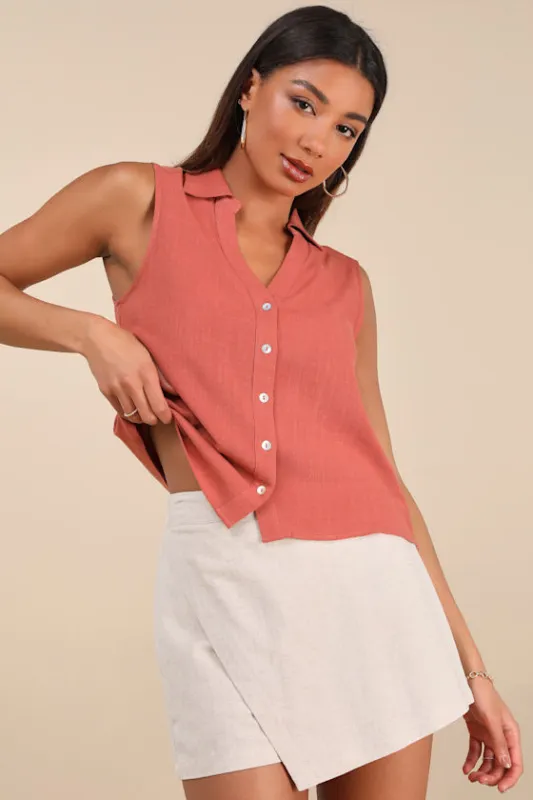 Casual Contentment Terracotta Linen Button-Up Collared Tank Top sold by Lulus