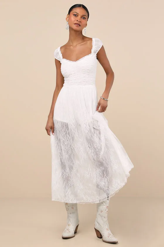 Enisa White Sheer Lace Cap Sleeve Midi Dress sold by Lulus