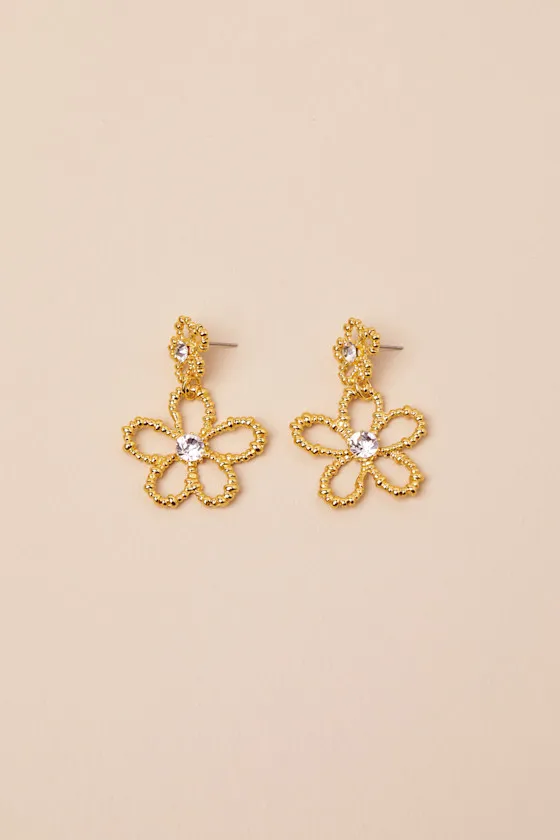 Laverna Gold Beaded Rhinestone Flower Earrings sold by Lulus