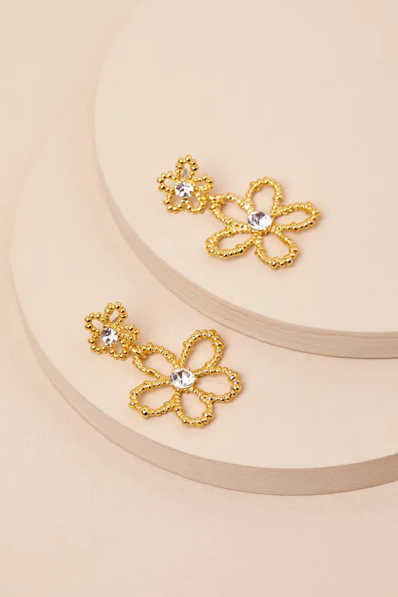 Laverna Gold Beaded Rhinestone Flower Earrings sold by Lulus product image thumbnail 2