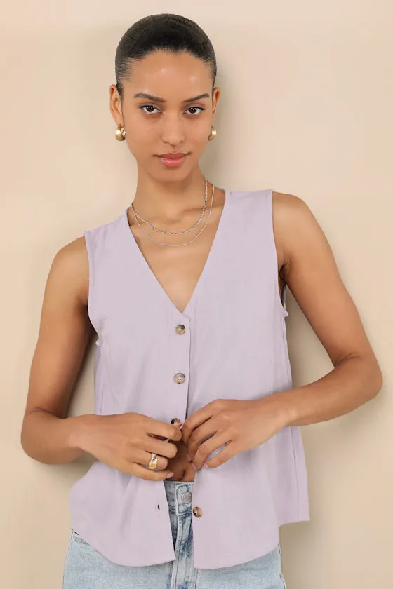 Casually Sophisticated Lilac Linen Sleeveless Button-Front Top sold by Lulus