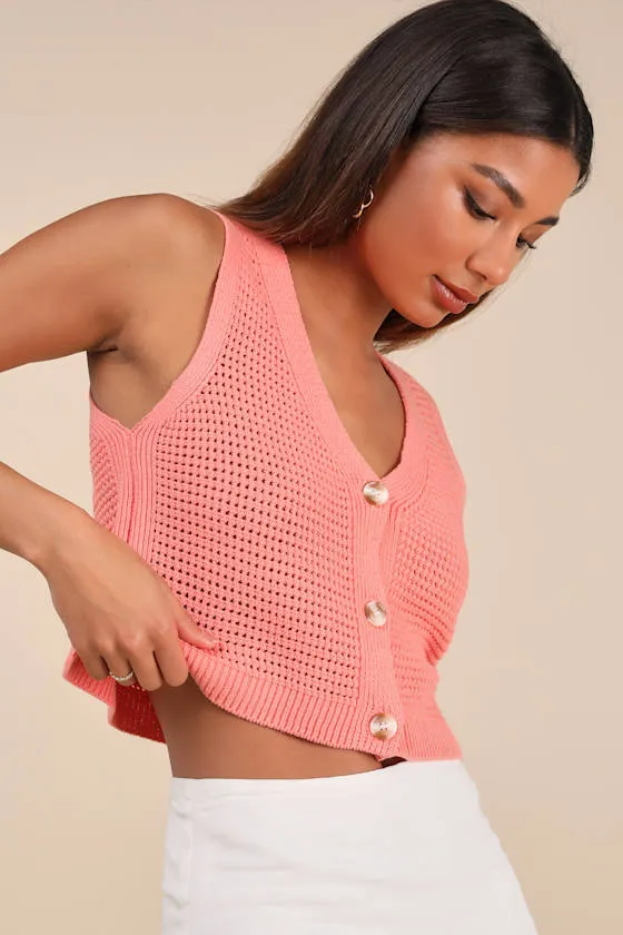Aesthetic Ease Coral Pierced Knit Button-Front Cropped Tank Top sold by Lulus