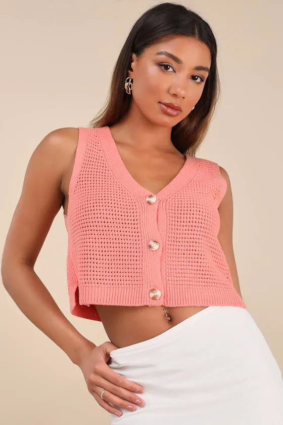 Aesthetic Ease Coral Pierced Knit Button-Front Cropped Tank Top sold by Lulus product image thumbnail 2