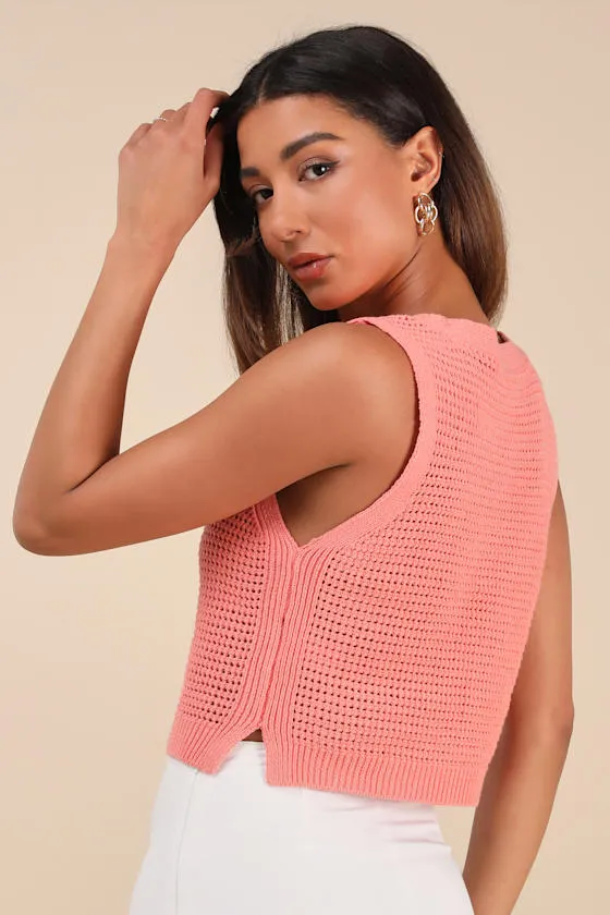 Aesthetic Ease Coral Pierced Knit Button-Front Cropped Tank Top sold by Lulus product image thumbnail 3