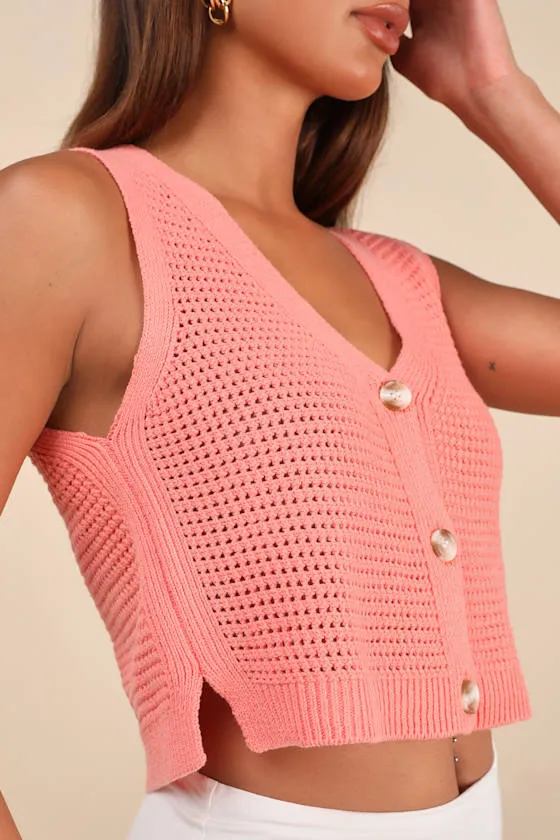 Aesthetic Ease Coral Pierced Knit Button-Front Cropped Tank Top sold by Lulus product image thumbnail 4