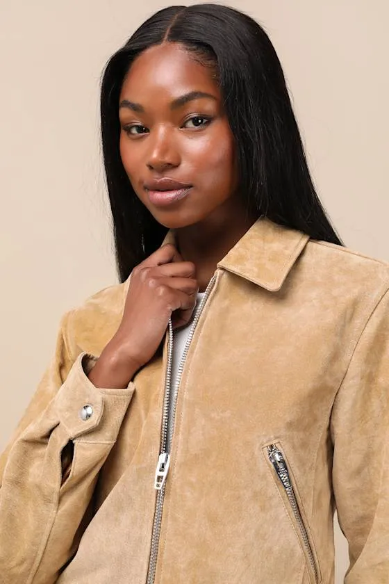 Isidora Tan Suede Leather Cropped Jacket sold by Lulus