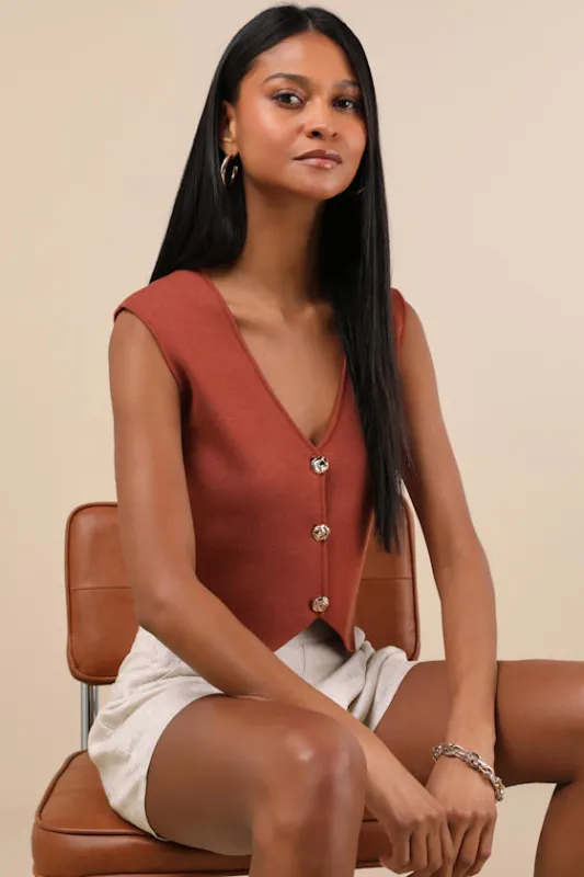 Reanna Rust Button-Front Sweater Vest Top made by Lulus