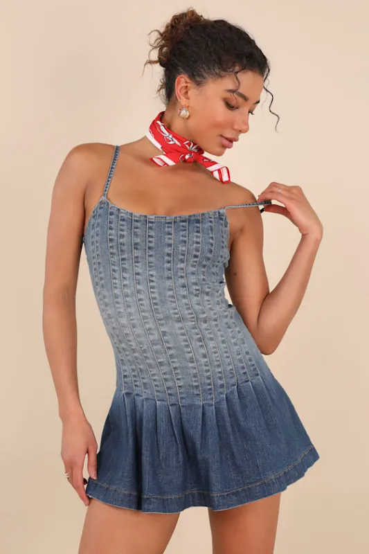 Mazikeen Medium Wash Ombre Denim Pleated Mini Dress sold by Lulus