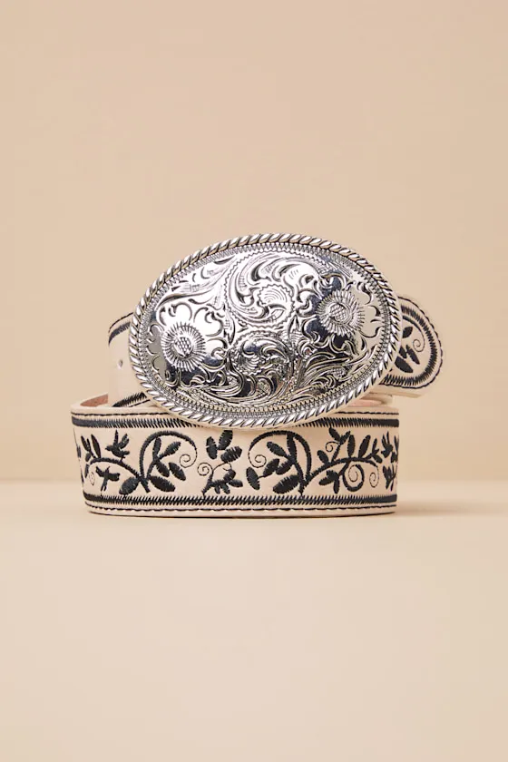 Cowgirl Favorite Cream Floral Embroidered Western Belt sold by Lulus