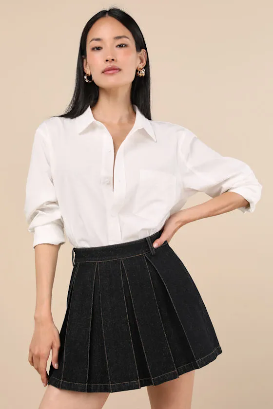 Taliyah Washed Black Denim Pleated High-Rise Mini Skirt sold by Lulus