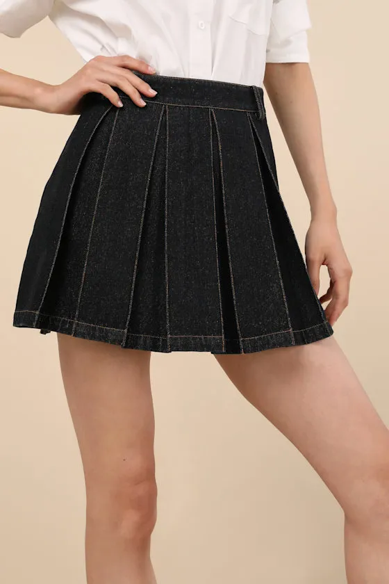 Taliyah Washed Black Denim Pleated High-Rise Mini Skirt sold by Lulus product image thumbnail 3