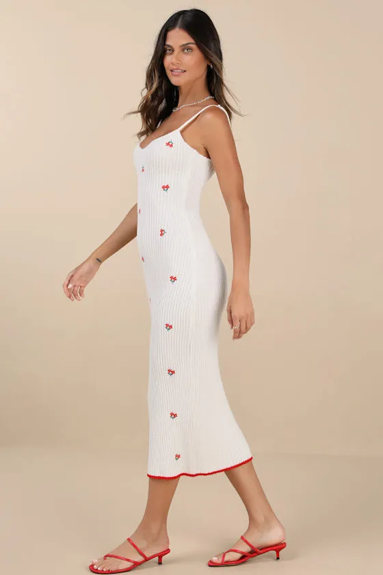 Kiana Ivory Floral Embroidered Sweater Midi Dress sold by Lulus