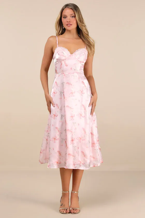 Selini Blush Pink Floral Satin Bustier Backless Midi Dress sold by Lulus