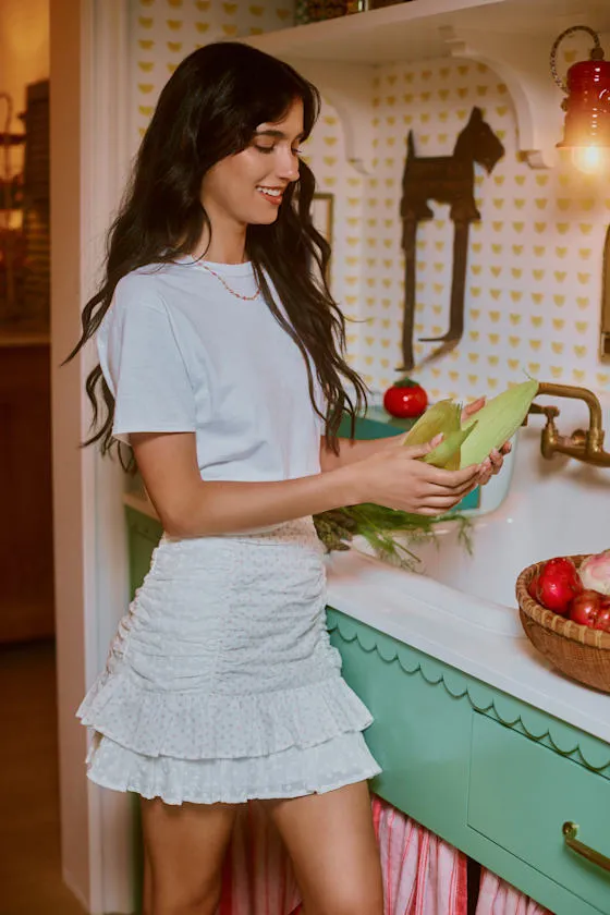 Bryony White Ditsy Floral Tiered Mini Skirt sold by Lulus