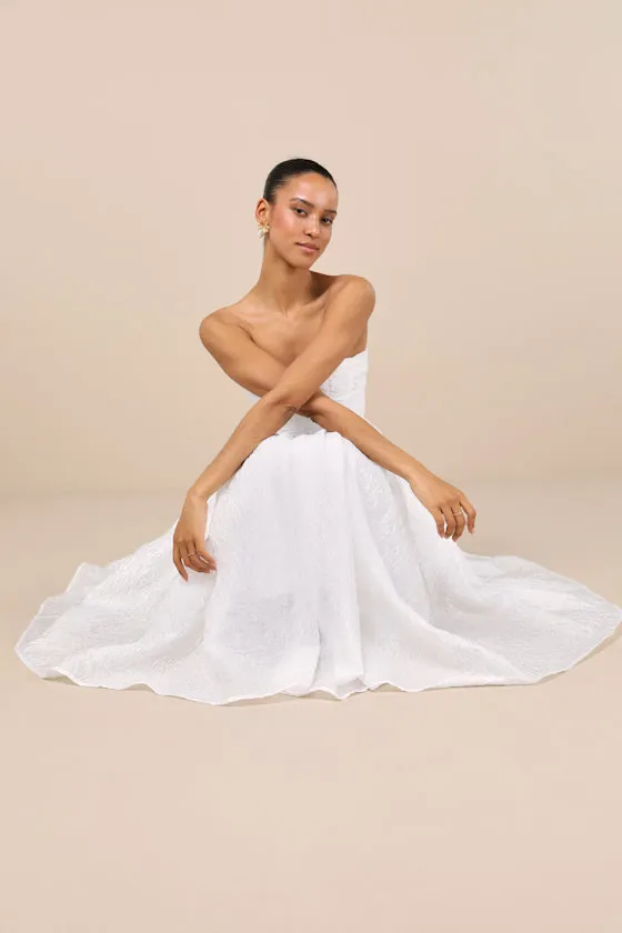 Analeia Ivory Jacquard Lace-Up Strapless Midi Dress sold by Lulus