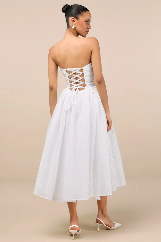 Analeia Ivory Jacquard Lace-Up Strapless Midi Dress sold by Lulus product image thumbnail 4