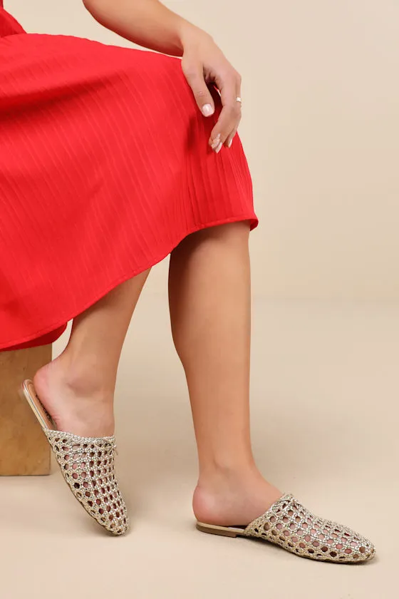 Alexine Gold Metallic Woven Raffia Flat Slides sold by Lulus