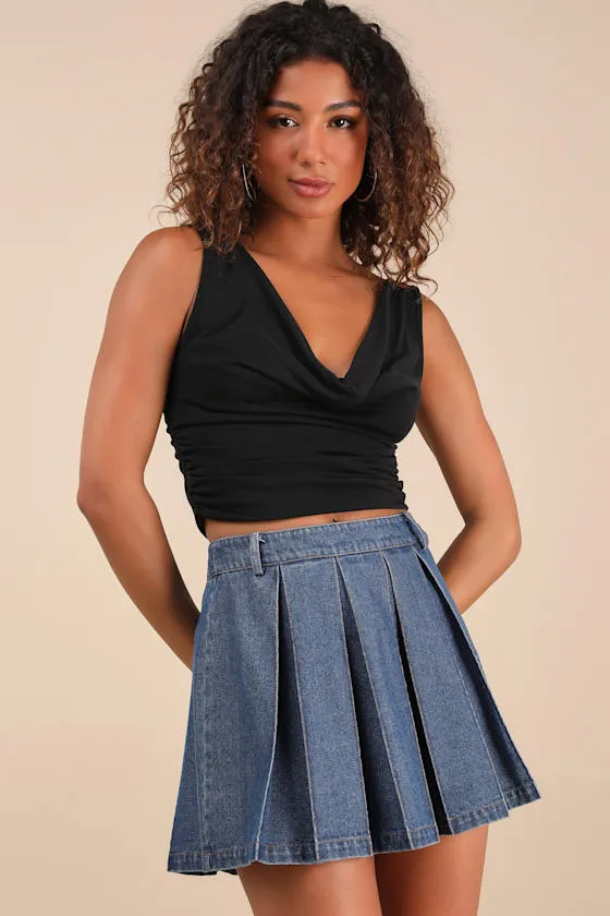 Taliyah Medium Wash Denim Pleated High-Rise Mini Skirt sold by Lulus