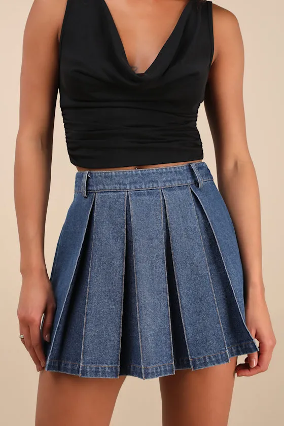 Taliyah Medium Wash Denim Pleated High-Rise Mini Skirt sold by Lulus product image thumbnail 3