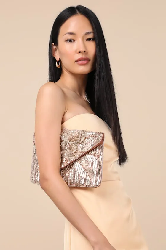 Luma Gold Sequin Beaded Flower Clutch sold by Lulus