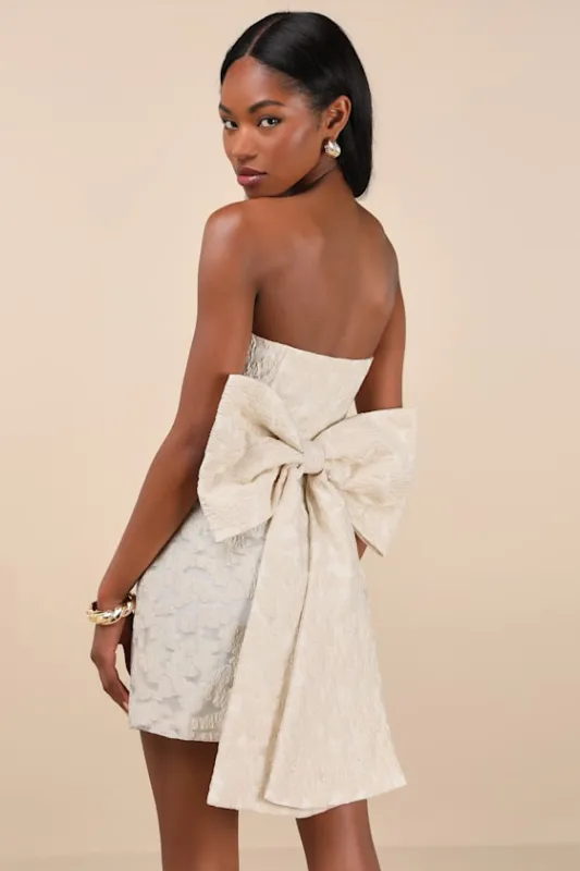 Aurelius Champagne Jacquard Strapless Bow Mini Dress sold by Lulus