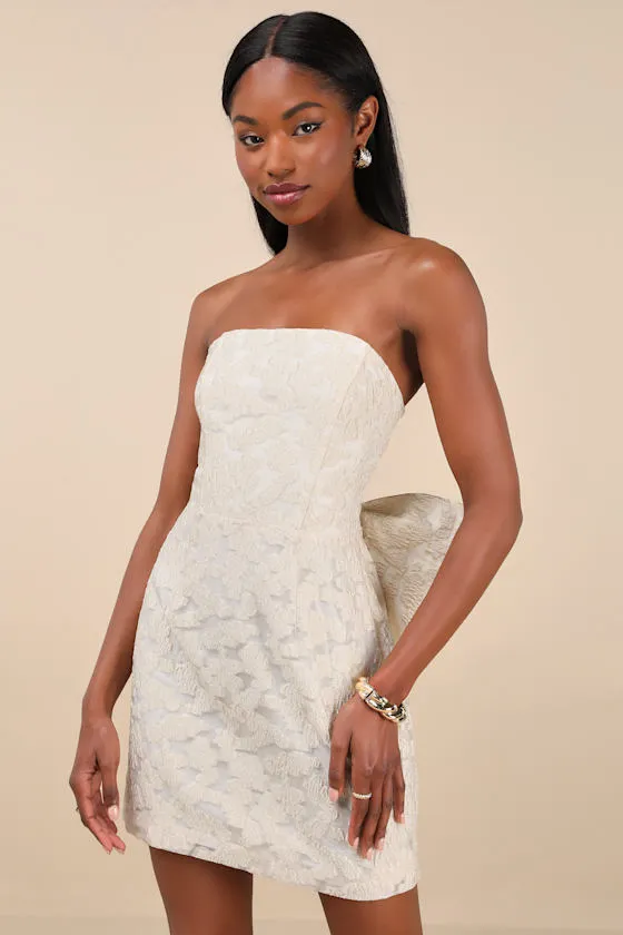 Aurelius Champagne Jacquard Strapless Bow Mini Dress sold by Lulus product image thumbnail 2