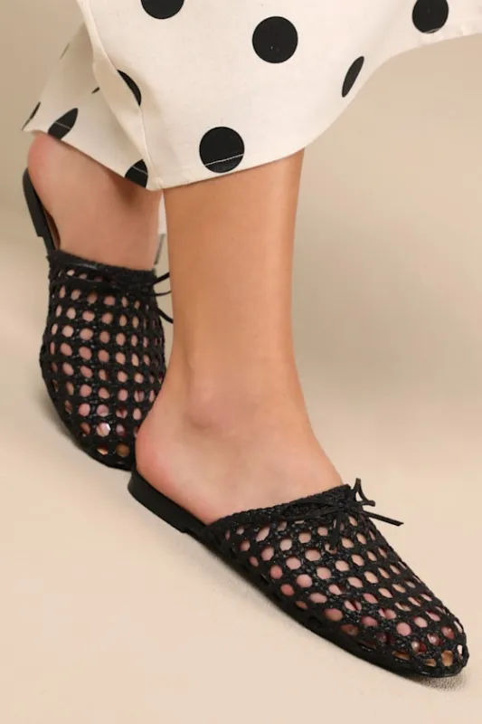 Alexine Black Woven Raffia Flat Slides sold by Lulus
