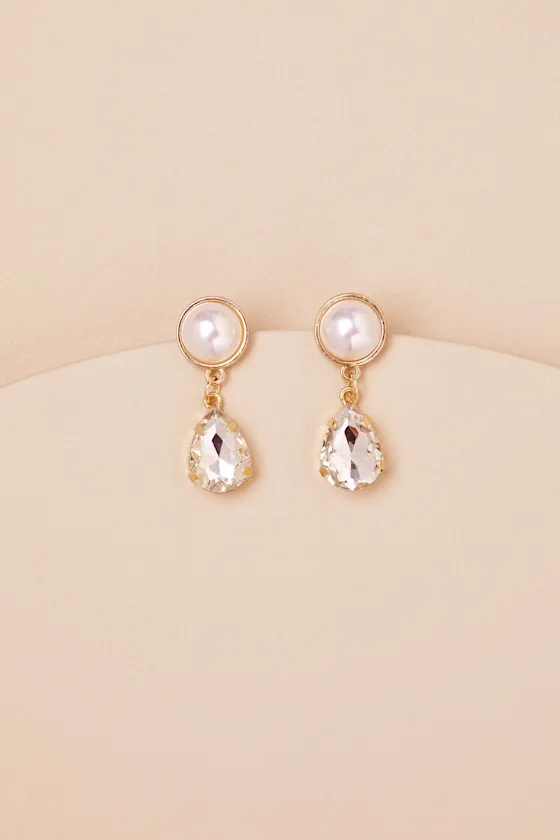 Ramelia Gold Pearl Rhinestone Drop Earrings sold by Lulus