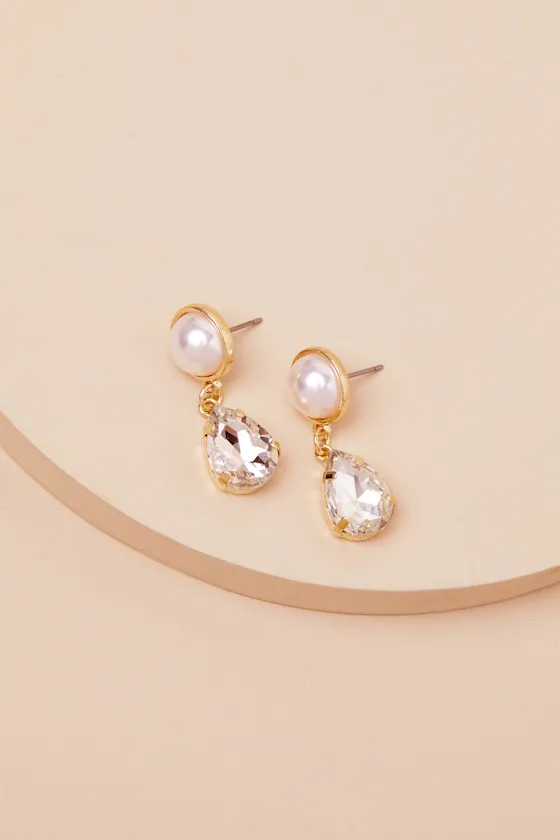 Ramelia Gold Pearl Rhinestone Drop Earrings sold by Lulus product image thumbnail 3