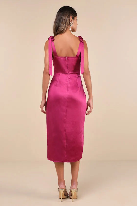 Graceful Sophistication Magenta Satin Tie-Strap Midi Dress sold by Lulus product image thumbnail 4