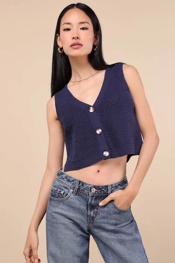 Aesthetic Ease Navy Pierced Knit Button-Front Cropped Tank Top sold by Lulus product image thumbnail 2