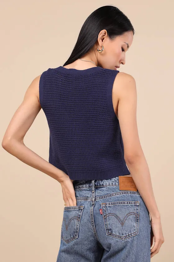 Aesthetic Ease Navy Pierced Knit Button-Front Cropped Tank Top sold by Lulus product image thumbnail 3