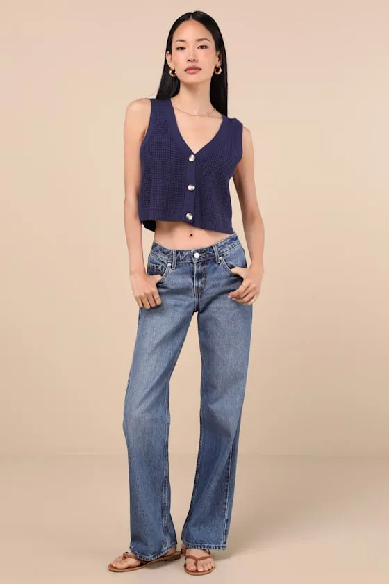 Aesthetic Ease Navy Pierced Knit Button-Front Cropped Tank Top sold by Lulus product image thumbnail 4