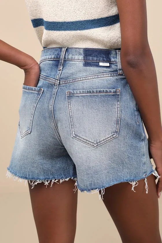 The Knockout Medium Wash Raw Hem Denim Shorts sold by Lulus product image thumbnail 2