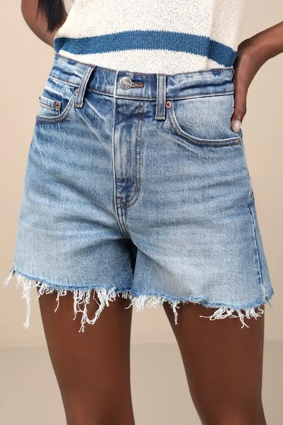 The Knockout Medium Wash Raw Hem Denim Shorts sold by Lulus product image thumbnail 3