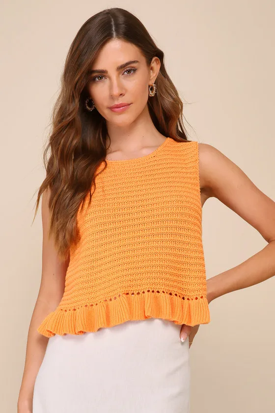 Flouncin' Around Orange Cropped Ruffled Sweater Tank sold by Lulus