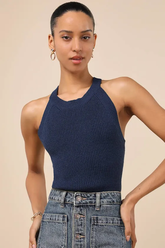 Staycation Sweetie Navy Knit High Neck Tank Top sold by Lulus
