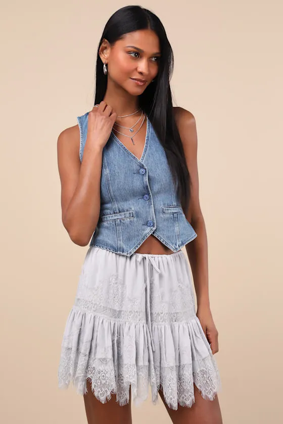 Cyla Dusty Blue Lace Tiered Mini Skirt sold by Lulus
