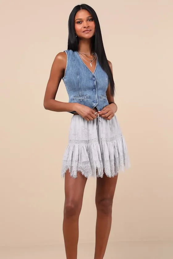Cyla Dusty Blue Lace Tiered Mini Skirt sold by Lulus product image thumbnail 4