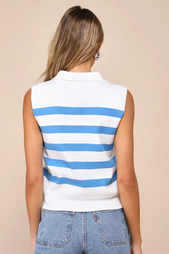 Unbelievably Chic White Striped Collared Sleeveless Sweater Top sold by Lulus product image thumbnail 3