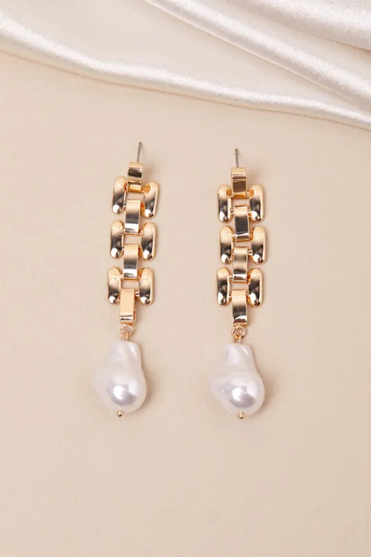 Ardena 18KT Gold Pearl Chain Link Drop Earrings sold by Lulus
