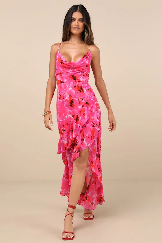Navina Pink and Red Floral High-Low Midi Dress sold by Lulus product image thumbnail 2