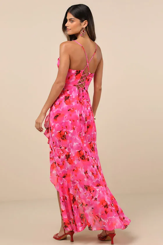 Navina Pink and Red Floral High-Low Midi Dress sold by Lulus product image thumbnail 4