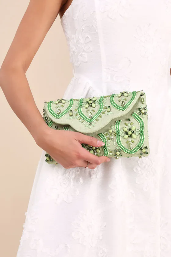 Unrivaled Aesthetic Light Green Rhinestone Beaded Clutch sold by Lulus