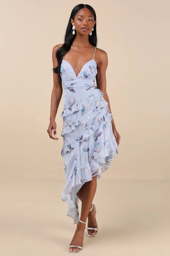 Saveria Light Blue Floral Ruffled Asymmetrical Maxi Dress sold by Lulus