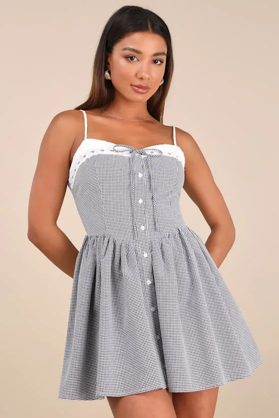 Amarilis Black and White Gingham Button-Front Mini Dress sold by Lulus