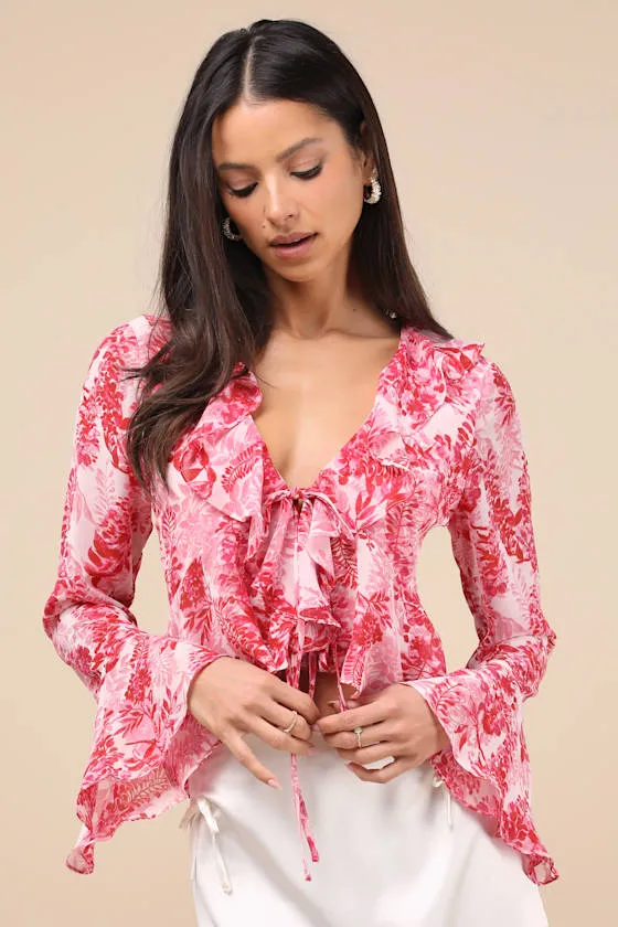 Thriving Flirt Pink Leaf Print Ruffled Long Sleeve Tie-Front Top sold by Lulus
