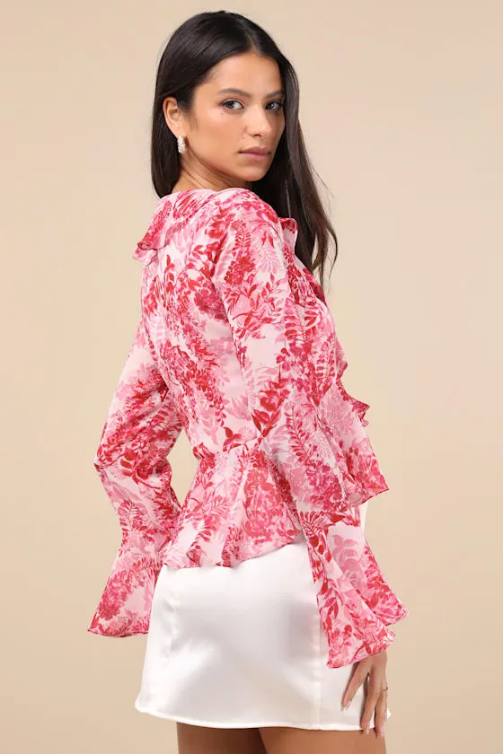 Thriving Flirt Pink Leaf Print Ruffled Long Sleeve Tie-Front Top sold by Lulus product image thumbnail 2