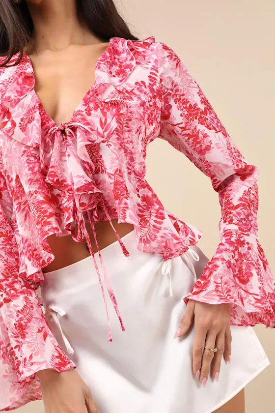 Thriving Flirt Pink Leaf Print Ruffled Long Sleeve Tie-Front Top sold by Lulus product image thumbnail 4